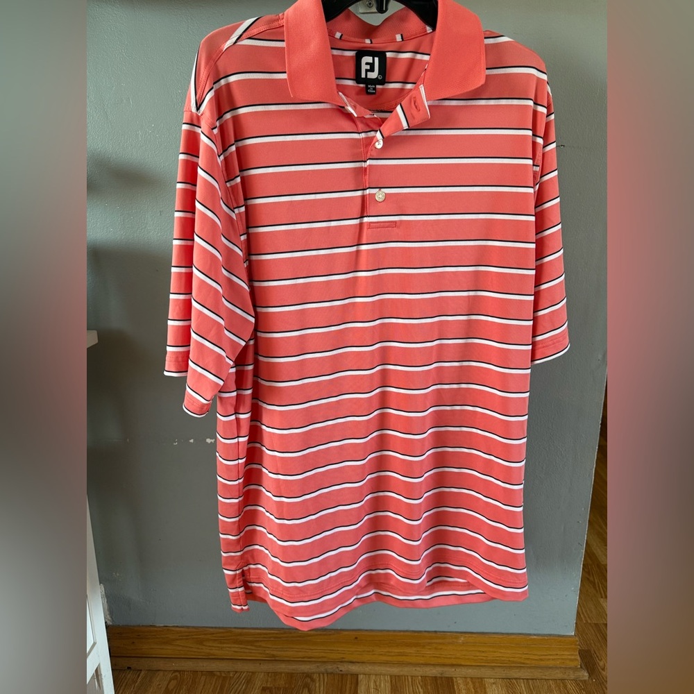 FootJoy Men's Pink and White Striped Polo Shirt